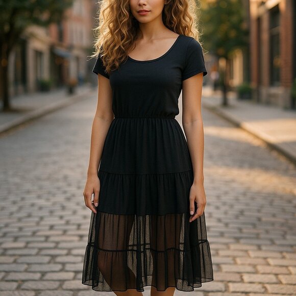 MELROSE AND MARKET NORDSTROM Black Sheer Mesh Dress M 10 Micro Polka Dot Punk - Picture 1 of 12